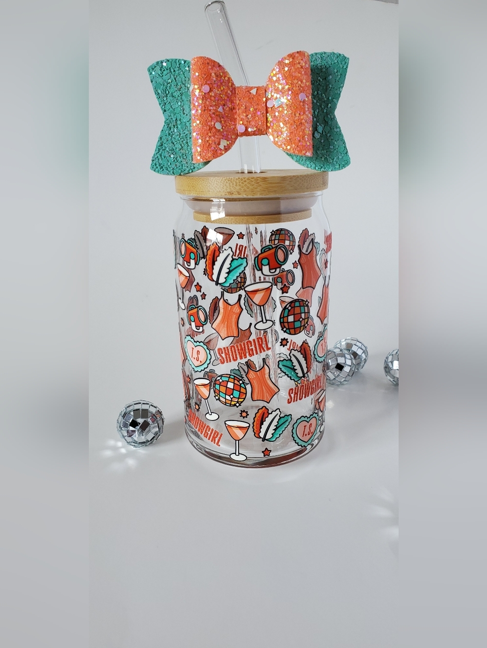 Life Of A Showgirl 20 Oz Glass Can With Bow Topper, Straw And Lid- New